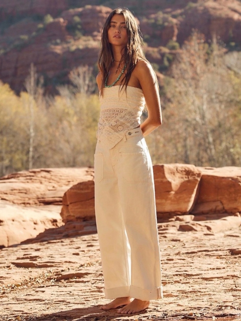 We The Free Free People Jeans Palmer Wide Leg Cuffed Egg Shell 31 NWT $128